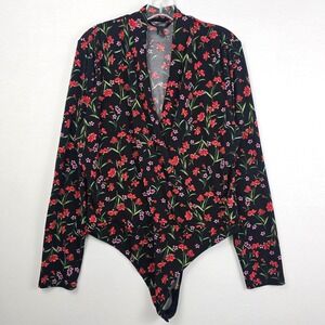 Banana Republic Floral Print V-Neck Wrap Long Sleeve Body Suit Top Red Black XL